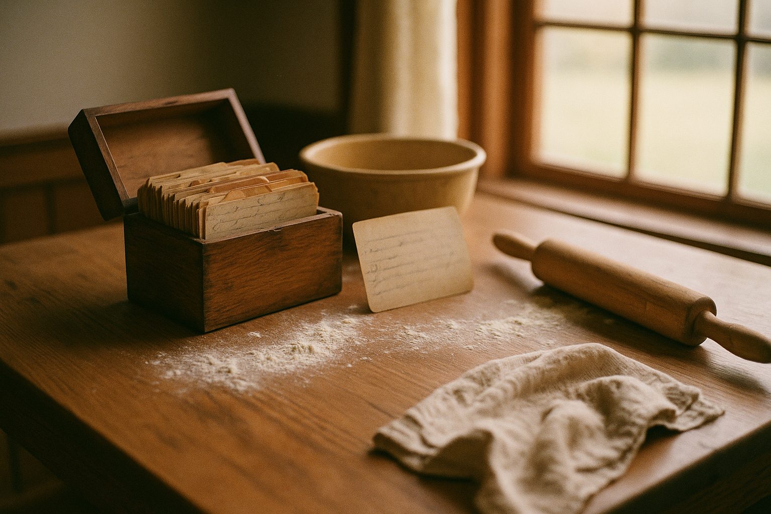 A wooden recipe box full of handwritten cards on a farmhouse kitchen table
