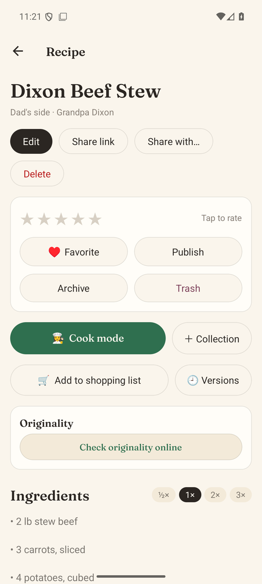 A recipe page for beef stew