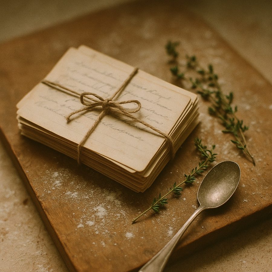 A bundle of old handwritten recipe cards tied with kitchen twine
